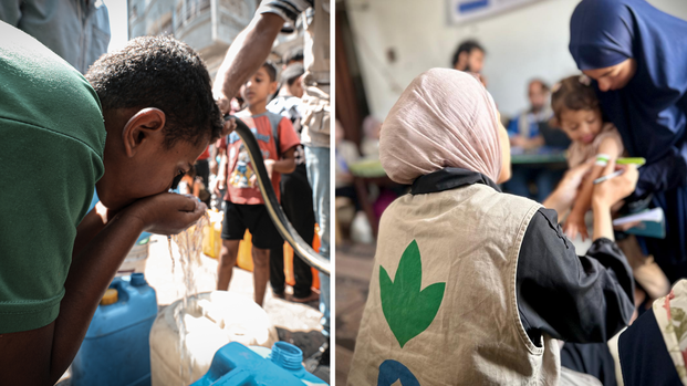 Collage aus Gaza: Links ein Junge, der an einer Wasserausgabestelle aus einem Schlauch trinkt, mittig eine Mitarbeiterin von Aktion gegen den Hunger, die ein Kind auf Mangelernährung untersucht, rechts zwei Mitarbeiter beim Packen von Hilfspaketen.