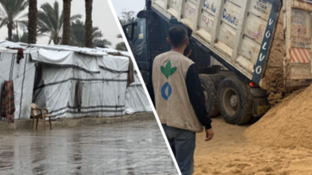 Überschwemmungen in Gaza: Wir unterstützen u.a. mit Sand zum Schutz der Zelte.