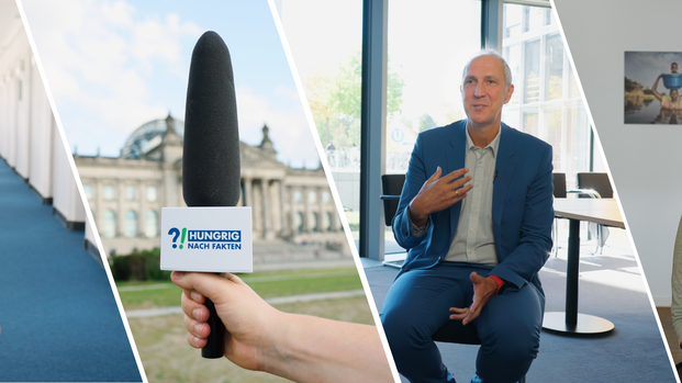 Mikrofon mit "Hungrig nach Fakten"-Logo vor dem Bundestag und Fotos von drei Interviewpartner*innen