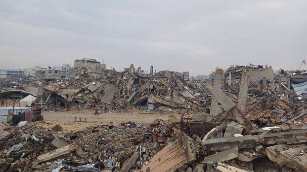 Weitflächig zerstörtes Viertel im Gazastreifen