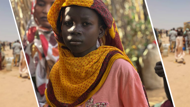 Ein Kind aus dem Sudan, im Hintergrund Bilder von einer Ausgabe mit frischem Wasser