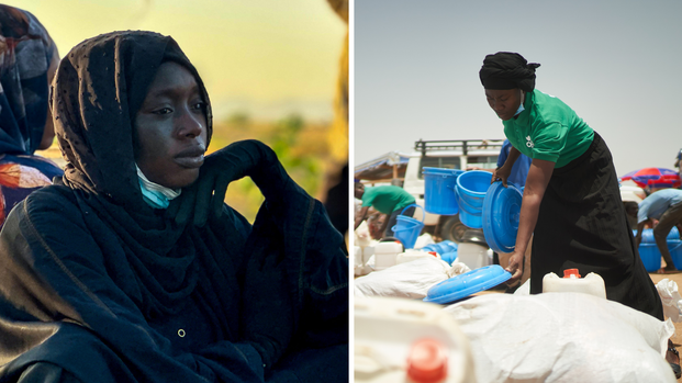 3 Bilder aus dem Sudan: Mutter und Kind beim Holen von Wasser, eine traurig ins Leere schauende Frau, eine Mitarbeiterin von Aktion gegen den Hunger beim Zusammenstellen von Hilfspaketen.