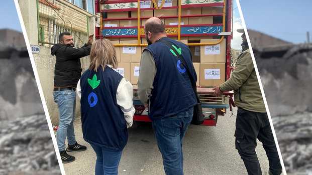 Collage: Mitarbeitende von Aktion gegen den Hunger im Libanon entladen Nothilfe-Pakete / zerstörte Gebäude